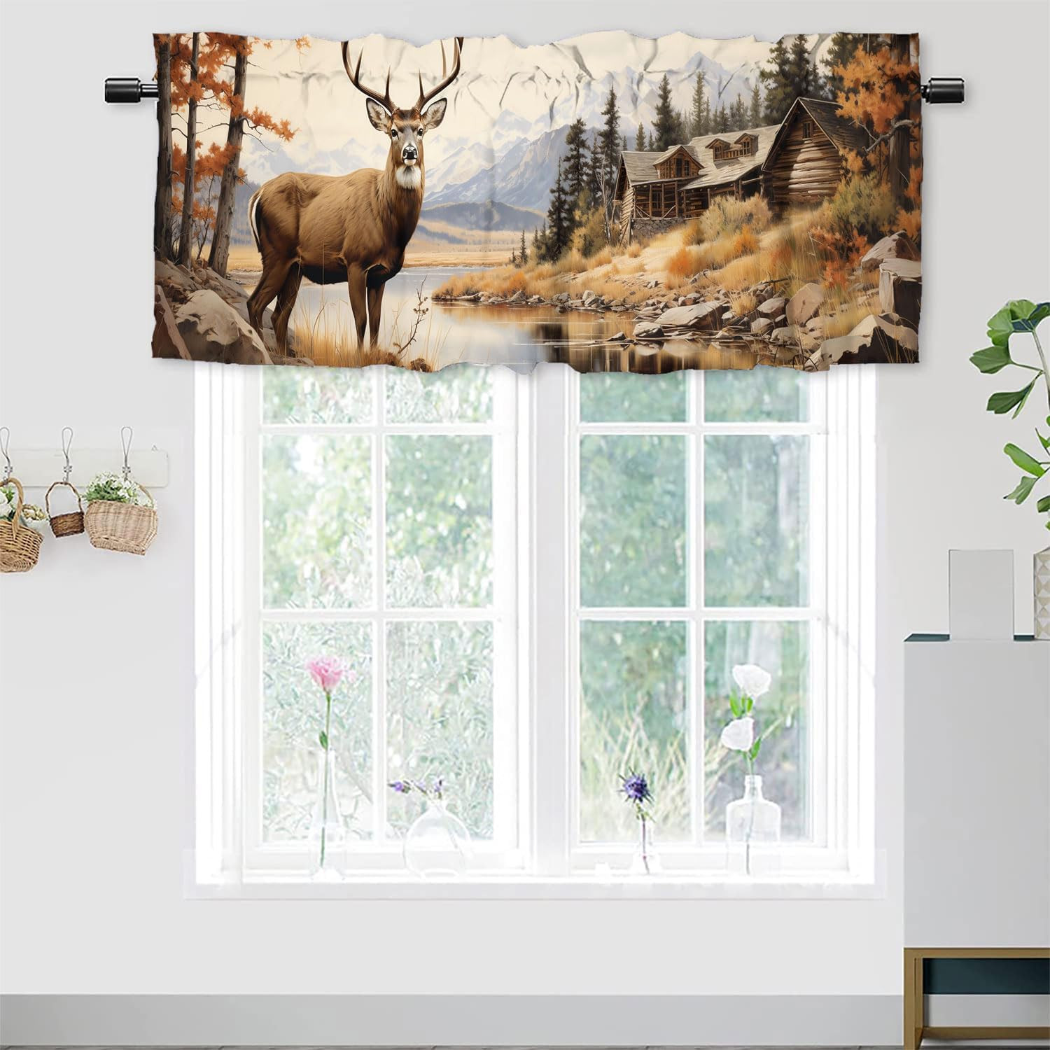 Rustic Cabin Deer Window Curtain Valance Fall Forest Elk Wildlife Animal Autumn