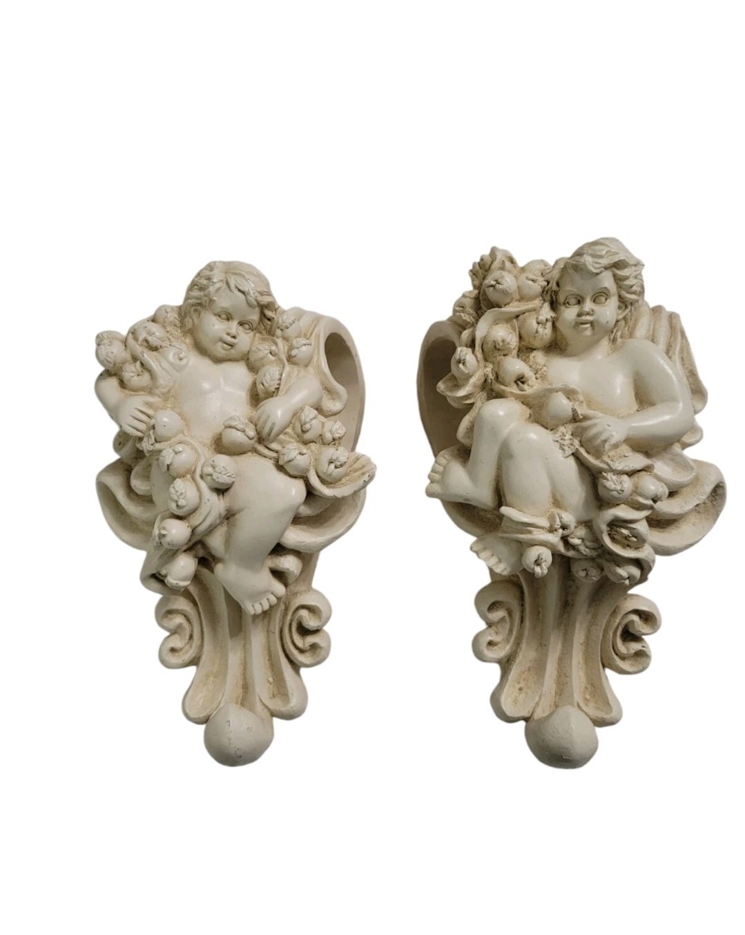 (2) Vintage Resin Cherub Angel Wall Decor Curtain Rod Window Drapery Holders