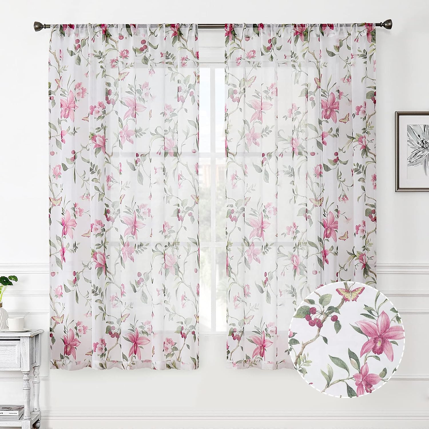 Floral Sheer Curtains Pink Cherry Flower Butterfly Print Living Room Curtain Rod