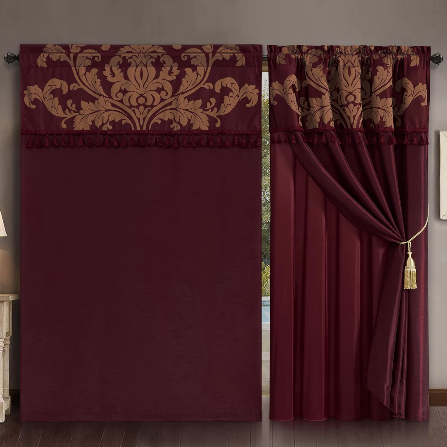 Luxury Jacquard Floral 4 Piece Window Curtain Set with Valance Sheer Maroon Gold