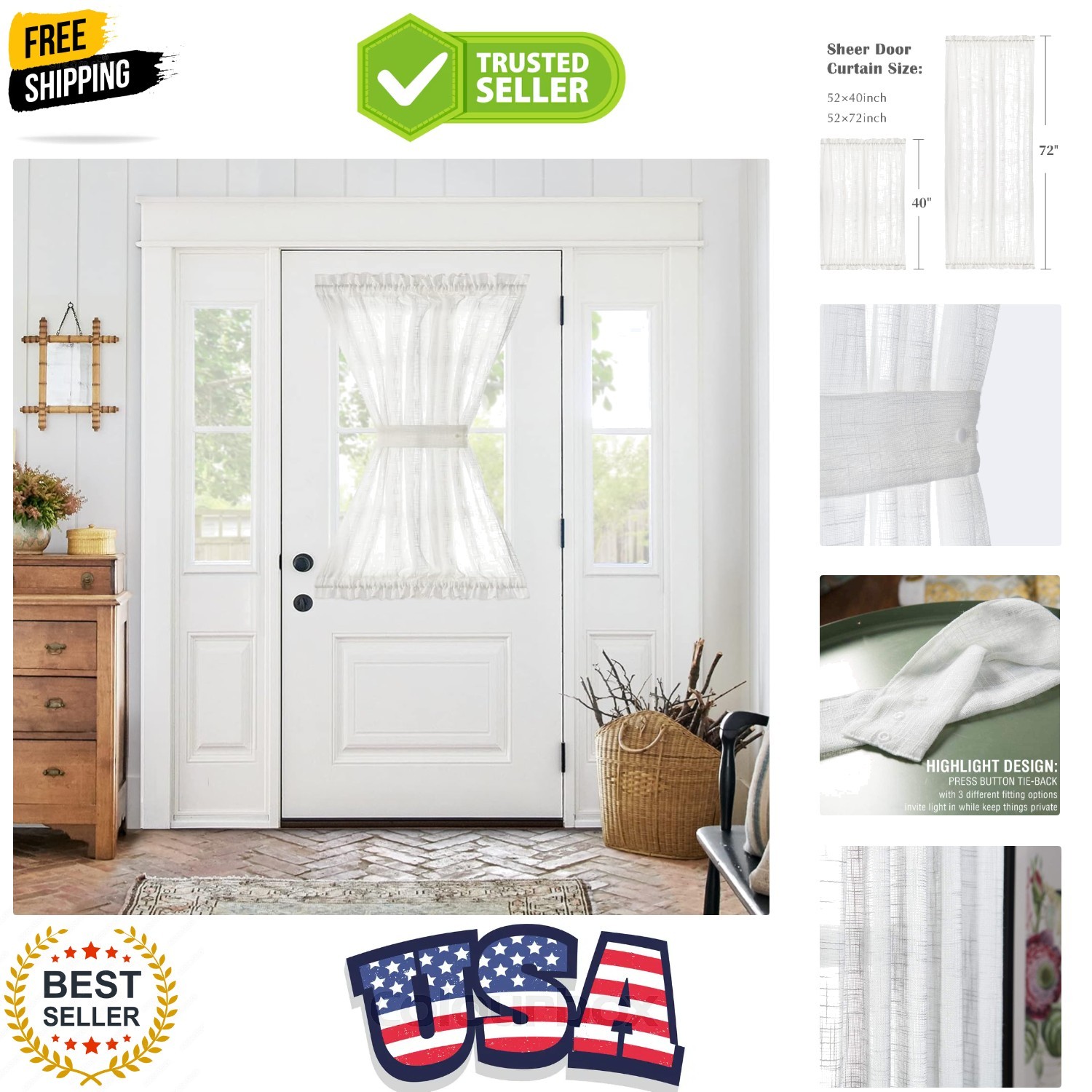 Linen French Door Curtain with Open Weave Door Curtain 40 Inches Long Drape R…