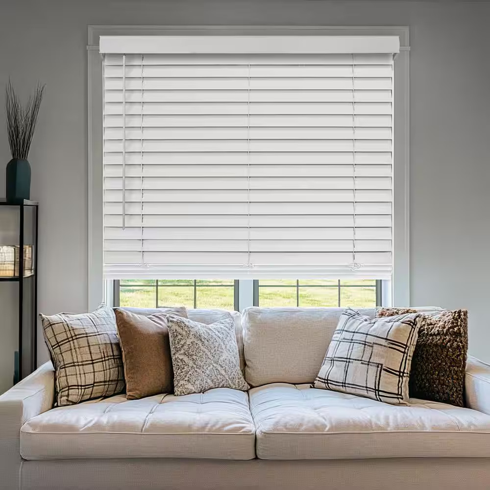 White Cordless Room Darkening Faux Wood Window Blinds with 2 In. Slats, 16 In. W