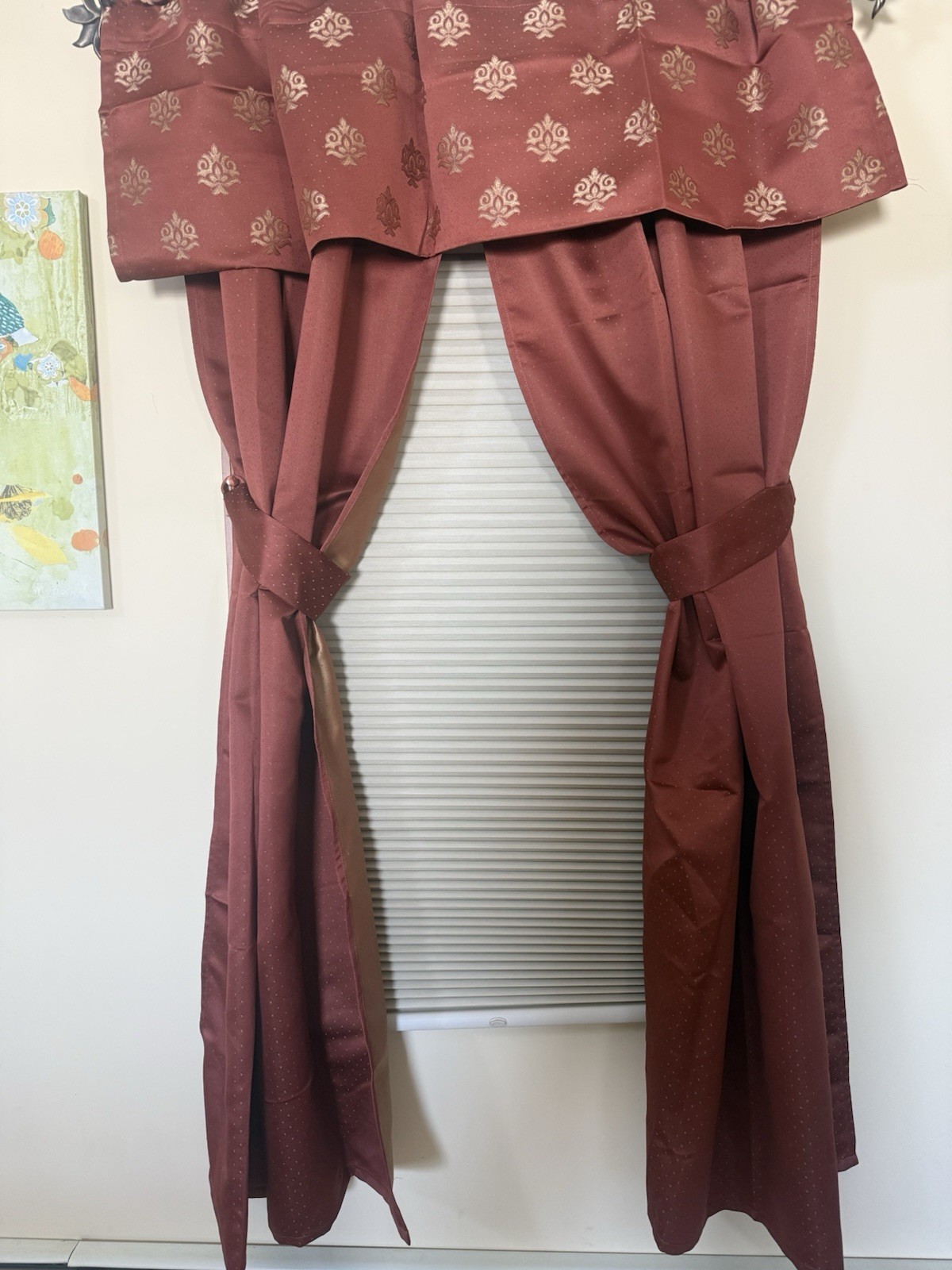 10 PC ELEGANT CURTAIN DRAPE SET 4 PANELS 4 VALANCES 4 TIEBACKS RUST GOLD JACQUAR