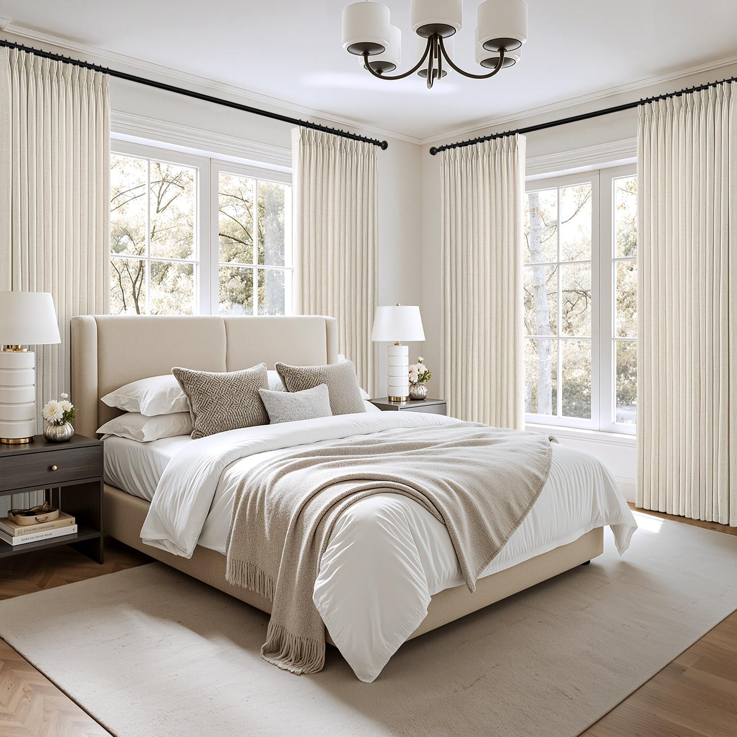 Pinch Pleated Thick Linen Curtains 90 Inches 4 Panels Set Ivory Cream Back Tab M