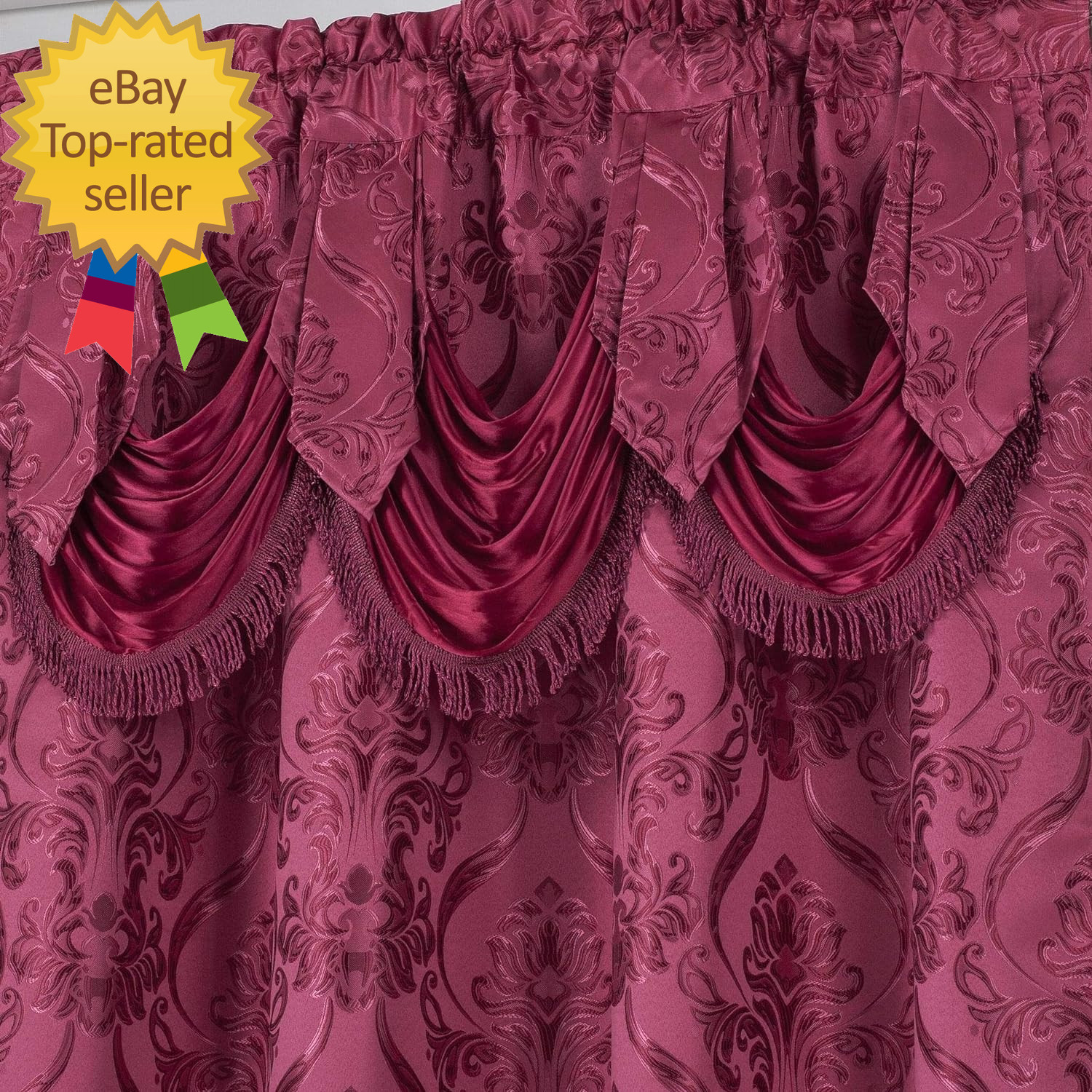 New 4 Piece Drape Set with Attached Valance and Sheer 2 Tie Backs Included