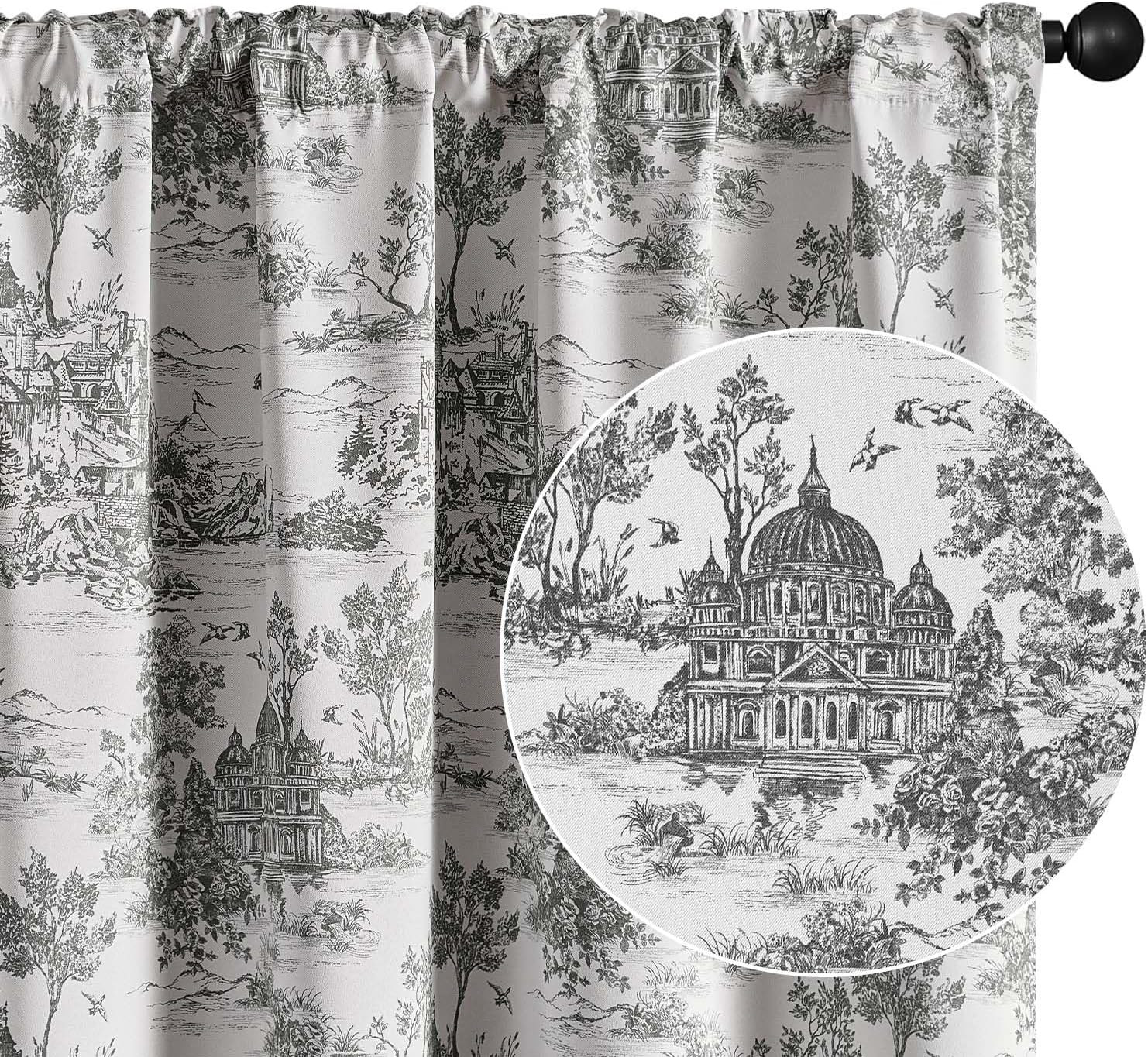 95% Blackout Toile Curtains for Bedroom, 63 Inch Length Drapes Toile De Jouy Fre