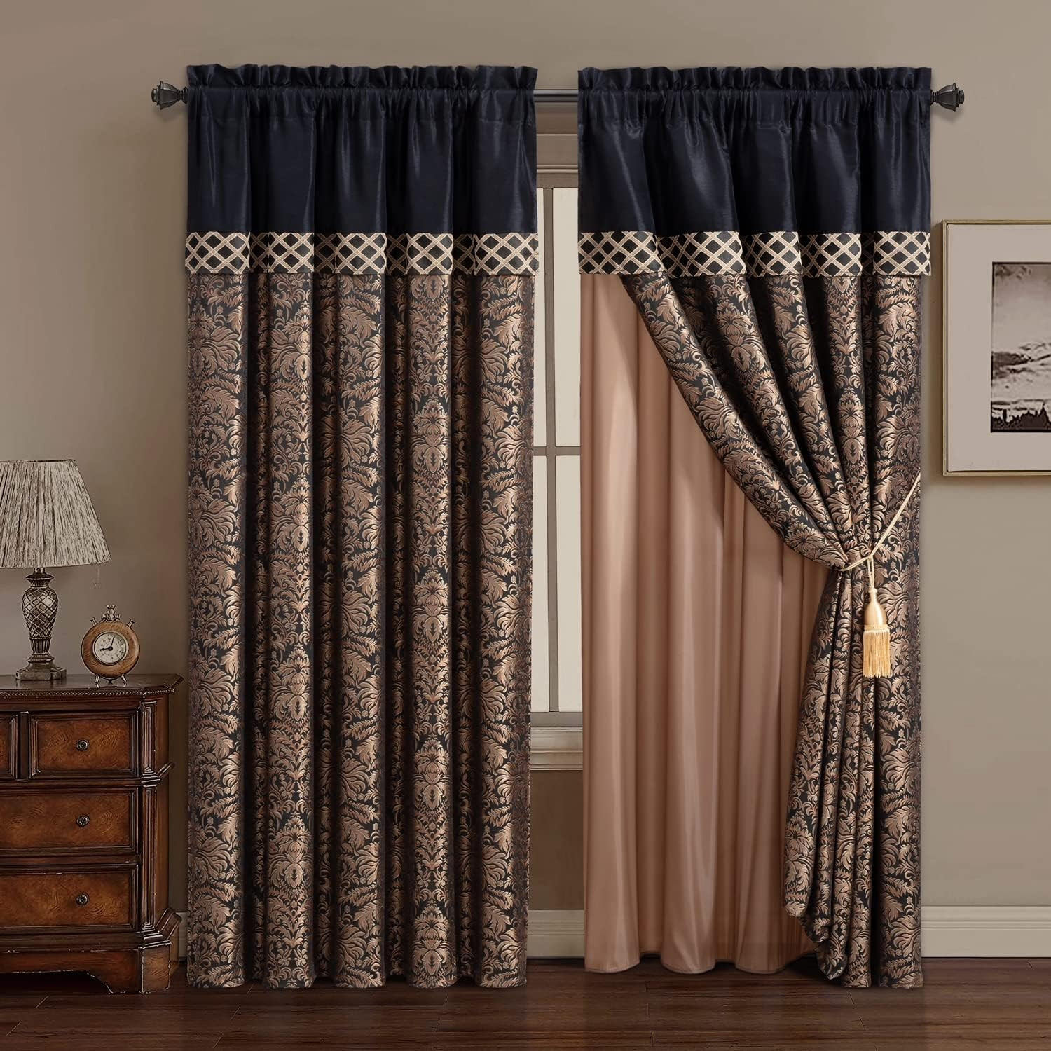 Elegant Lisbon 4-Piece Black/Gold Floral Curtain Set with Sheer Backing & Tassel