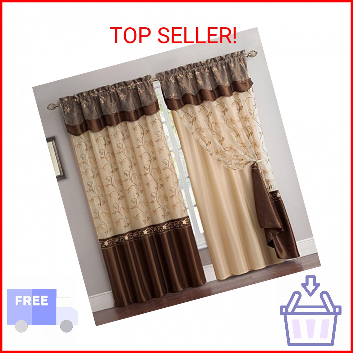 Fancy Collection Embroidery Curtain Set Drapes with Backing & Valance (Brown, 55
