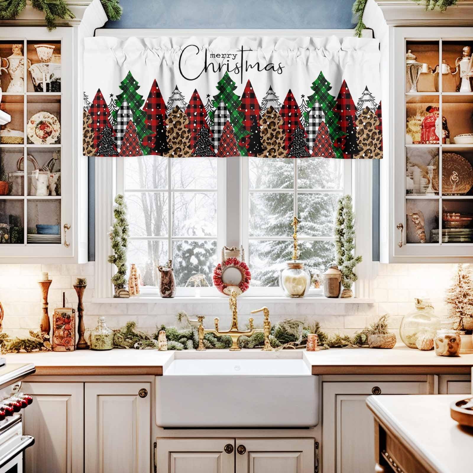Cortinas navideñas con cenefa para decorar ventanas de cocina, 137 x 45 cm