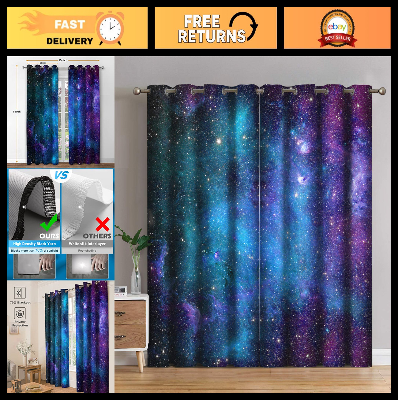 Galaxy Blackout Curtains – Outer Space Nebula Starry Sky Window Drapes 2 Panels