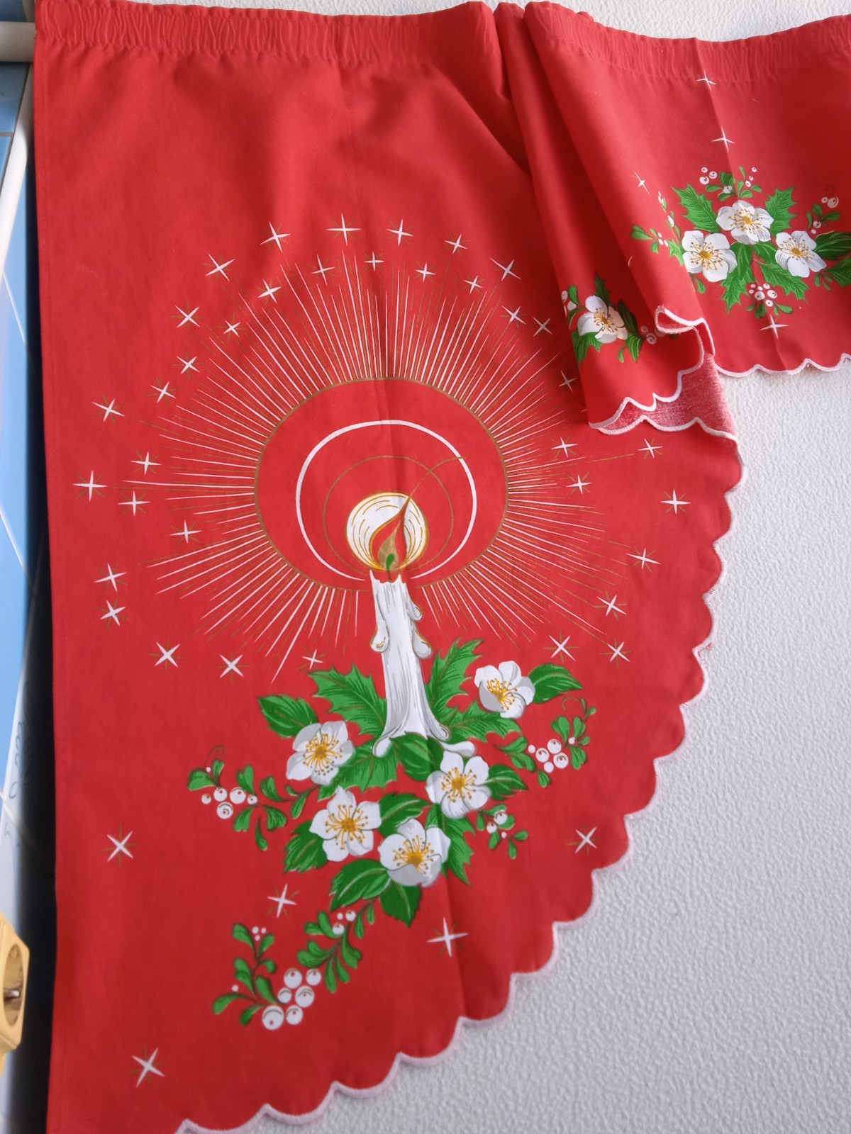 Vintage Christmas Red Cotton Valance with Candle & Flower Pattern Made in Brazil