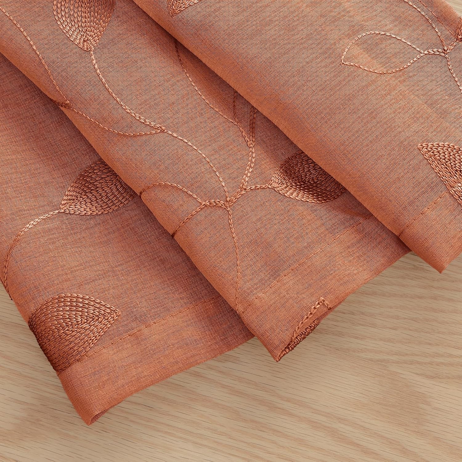 Beautiful Embroidered Leaf Burnt Orange Sheer Curtains – 30 X 36 Inch – 2 Panels