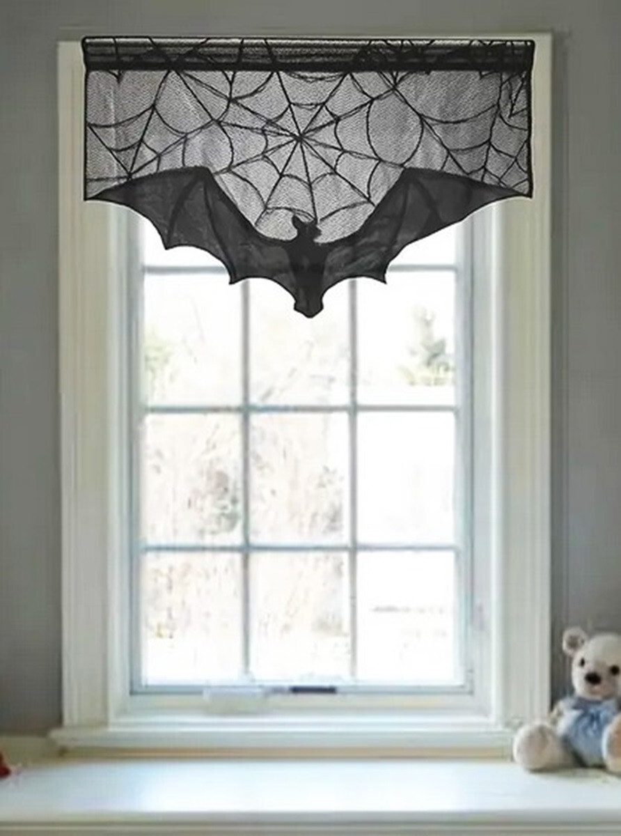 1pc Spooky Black Lace Bat Curtain with Spider Web Design Gothic Halloween Deco
