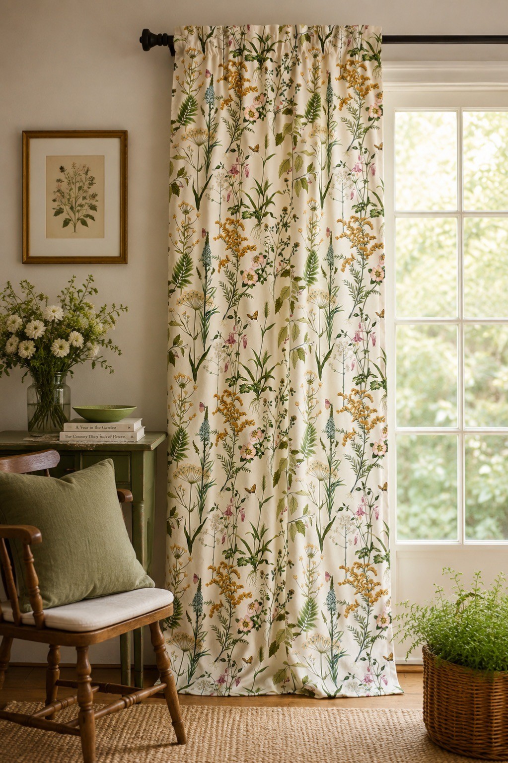 Ballard Designs Isabella Drapery Panel Botanical Floral Curtain 50×96 Cotton Gre