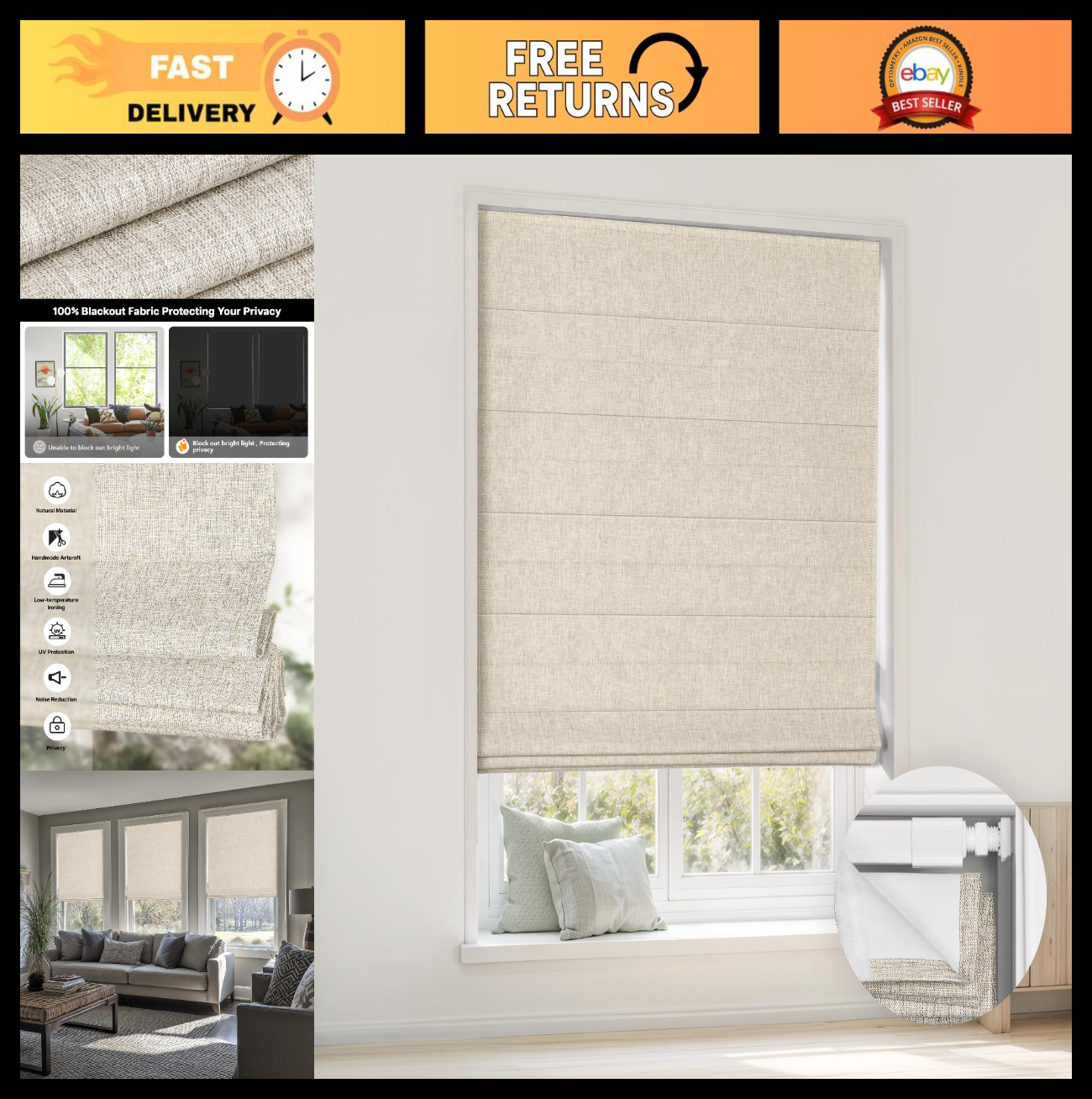 No Drill Cordless Roman Shades 35″ W x 64″ H, Beige, Easy Install Window Coverin
