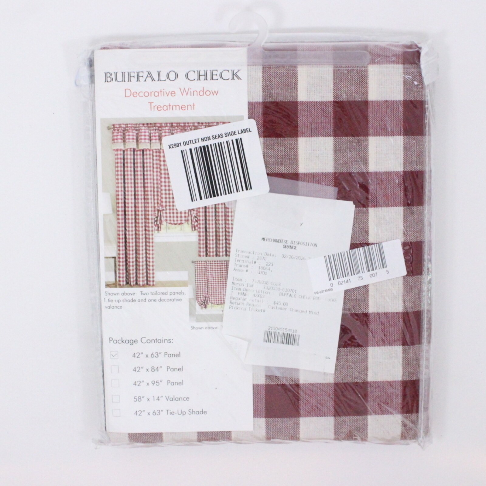 Achim Buffalo Check Curtain Panel 42″ x 63″ Burgundy Rod Pocket Light Filtering