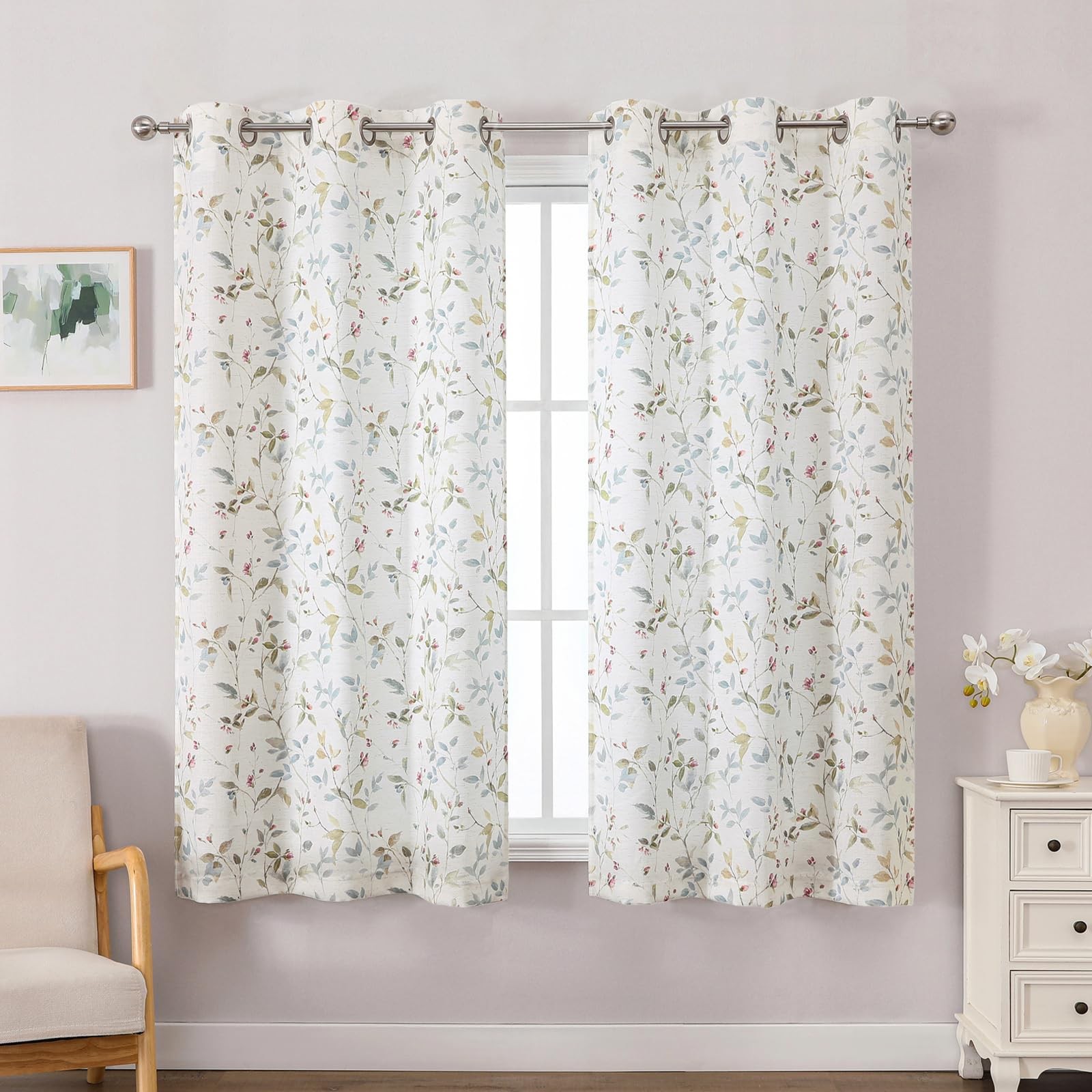 Light Filtering Linen Blend Floral Curtains for Bedroom Living Room 45 Inch L…