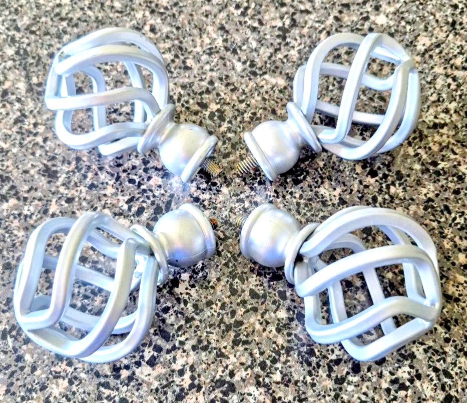 4 BIRDCAGE STYLE SILVER-FINISHED CURTAIN ROD FINIALS – 3 1/2″ X 2″