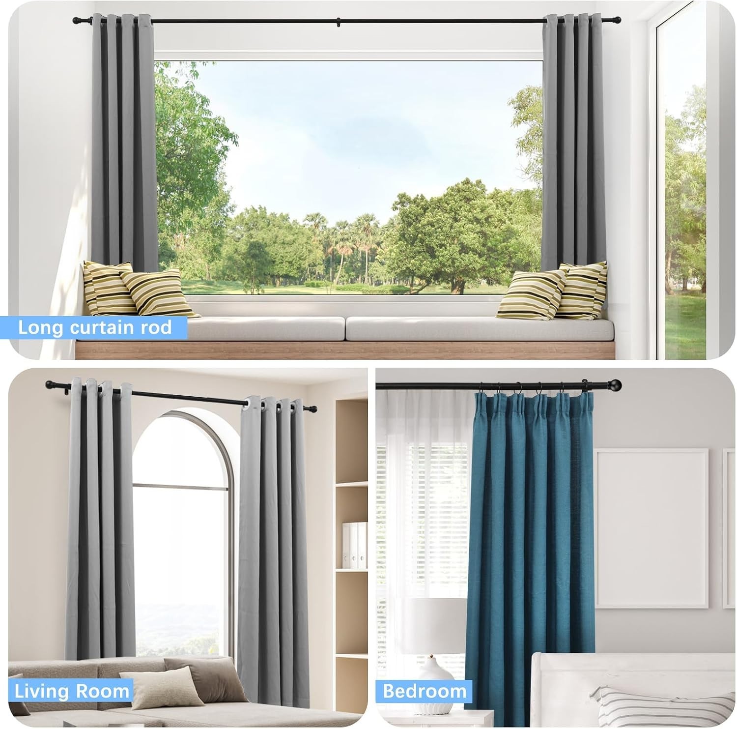 Stylish Adjustable Curtain Rod in Black – 1-Inch Diameter, All Hardware Included