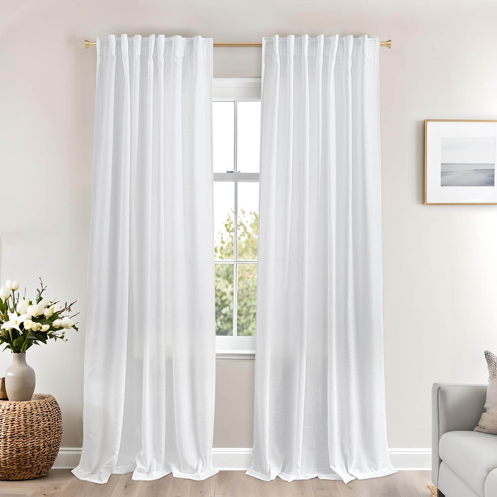Mrs.Naturall White Linen Curtains 84″ L, Light Filtering for Bedroom (2 Panels)