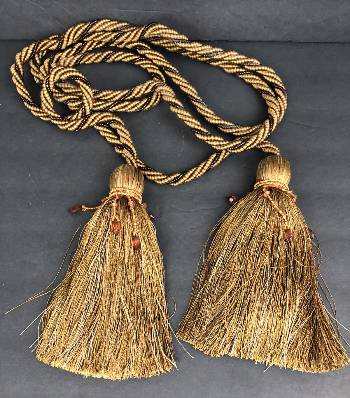 Single Long Curtain Tie Back 109 inches 2 Rich Brown Tassels Fringes Beaded