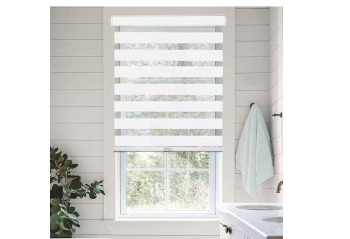 Arctic White Cordless Zebra Roller Shade – Dual Layer Polyester (34×72 in)
