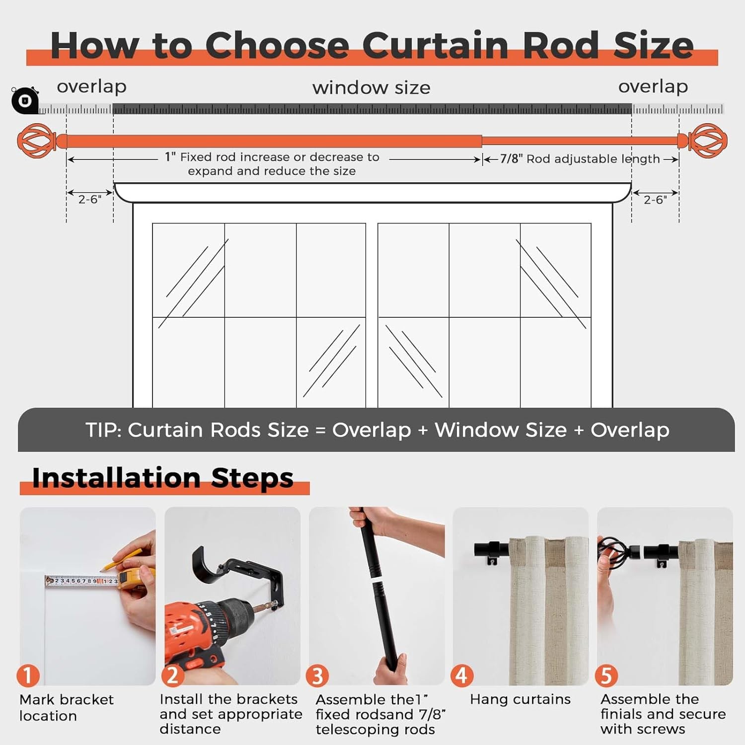 Black Curtain Rods 1 Inch Diameter Heavy Duty Adjustable 72-144″ for Windows