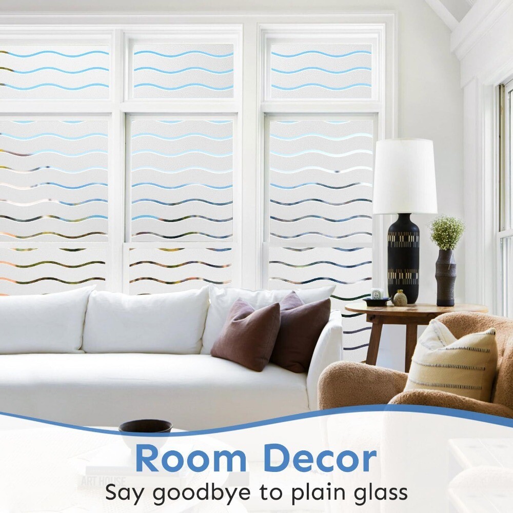 rabbitgoo Privacy Window Film Wave Decorative Striped Static Cling Glass Sticker