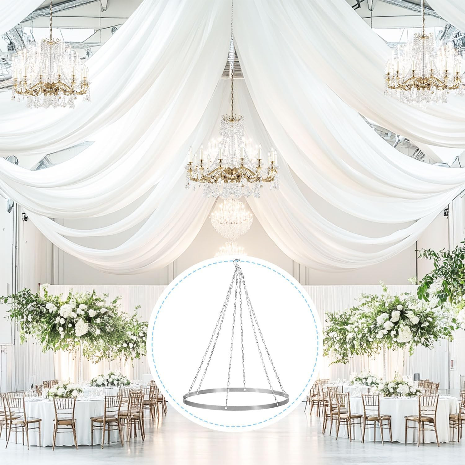 White Chiffon Ceiling Drapes with Hanging Kit for Weddings & Events – 6 Pack