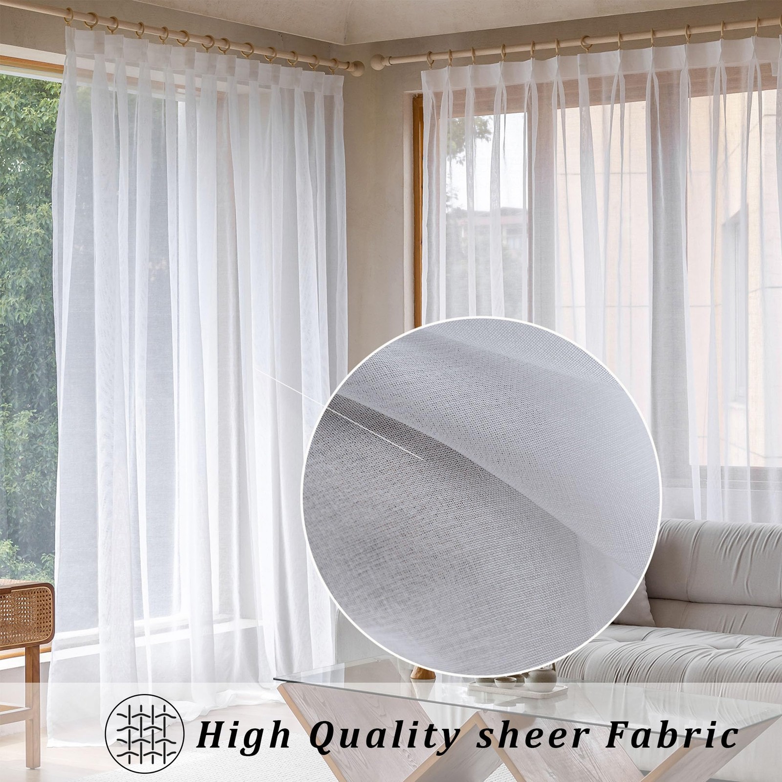 Toava Deco Extra Wide White Pinch Pleated Curtains 100X84 Inches Long Track