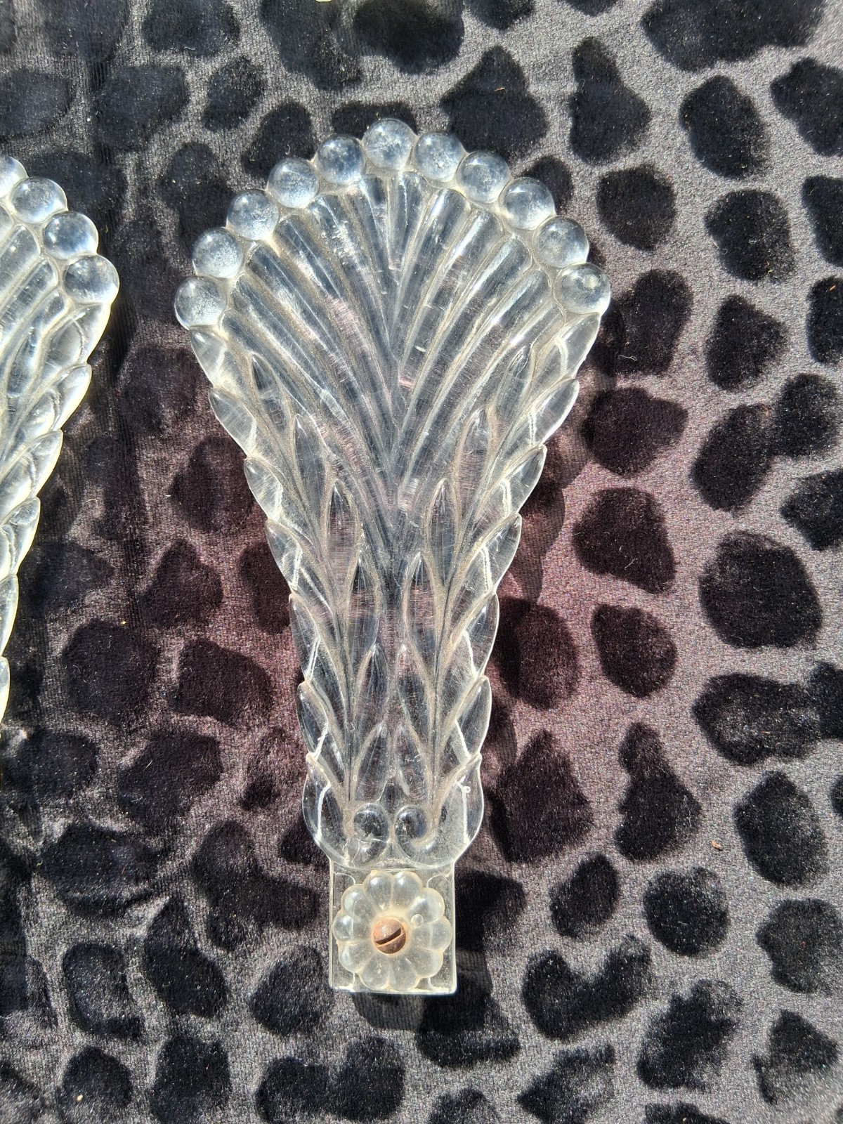 4 BEADED FAN SHAPE DRAPERY TIE BACKS CLEAR 7 3/8″ X 3 1/2″ ART DECO ERA