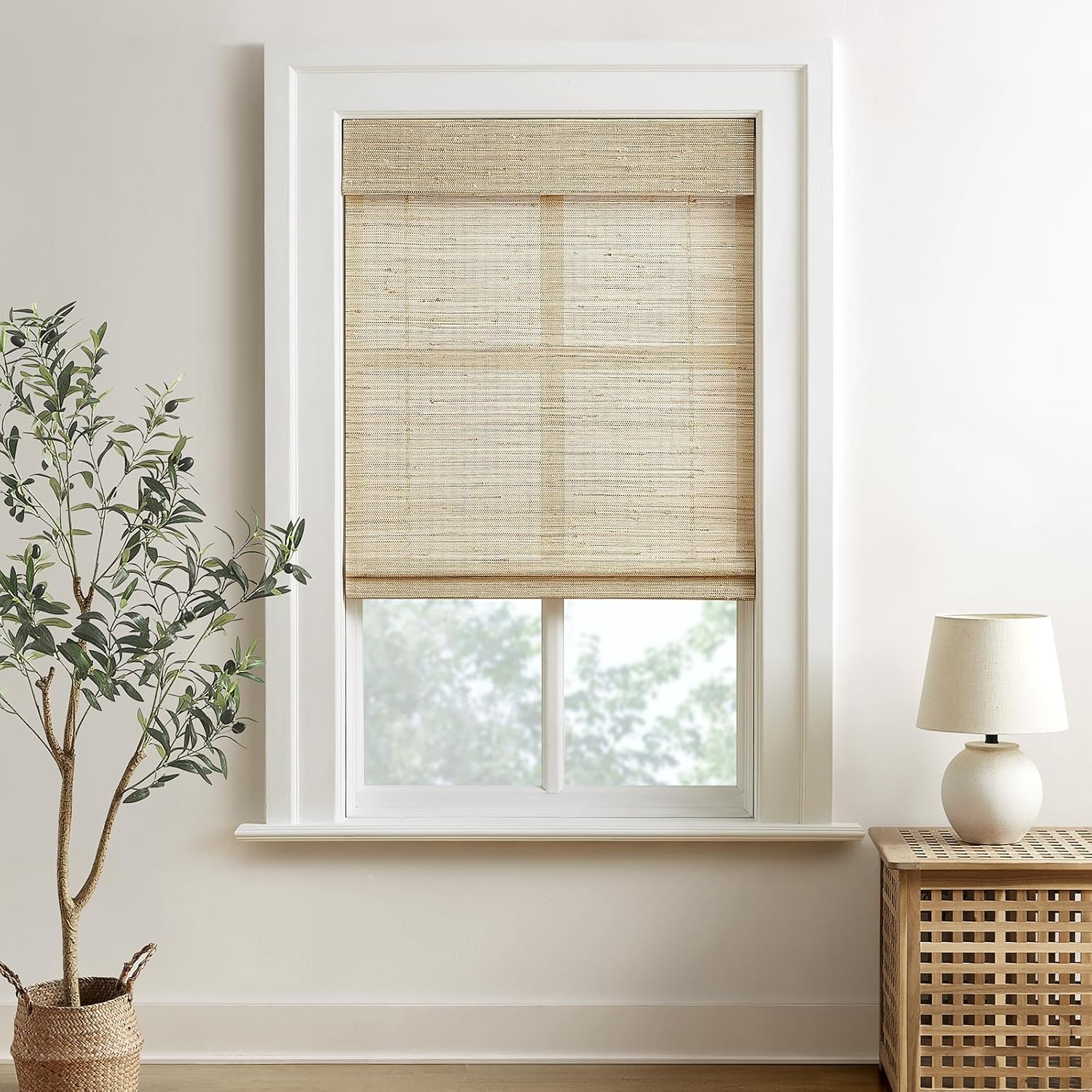 Natural Cordless Ramie Roman Shades, Light Filtering, Beige, 32×60 Inches