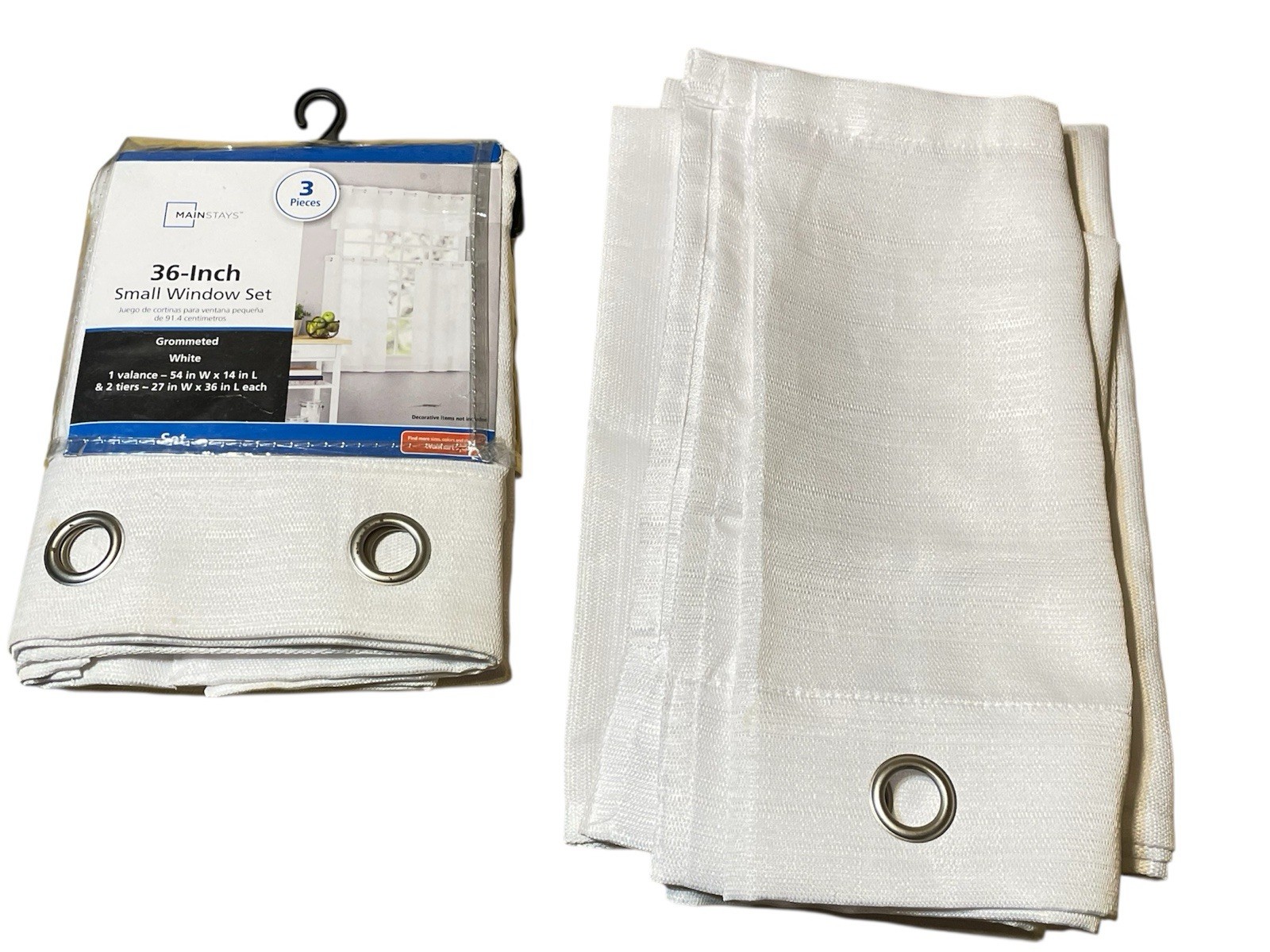 White Kitchen Valance & 2 Curtain Set 2 Pack 36” Fresh Grommeted Textured