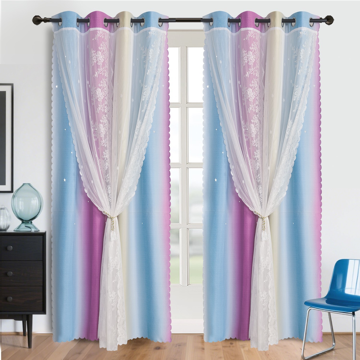2 Panels 52x84inch Star Hollow Out Double Layer Curtains Grommet Window Drapes