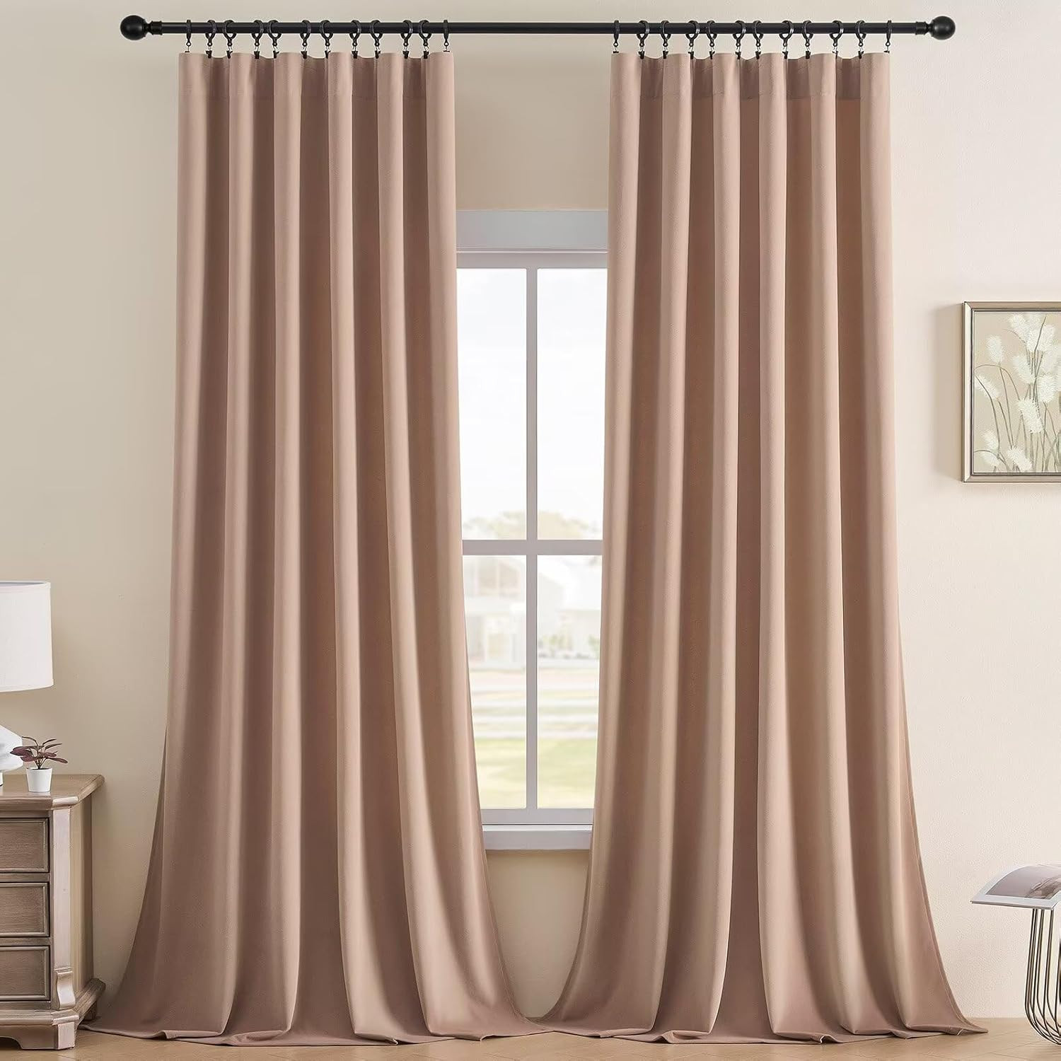 Elegant Rose Beige Velvet Blackout Curtains 108″ Thermal Insulated 2 Panels