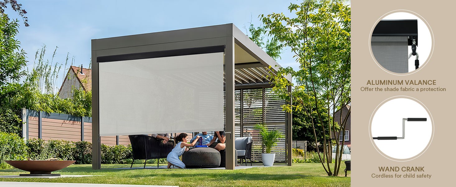 Outdoor Roller Shade 10′ W x 8′ H, Exterior Cordless Patio Shades Roll Up Blinds