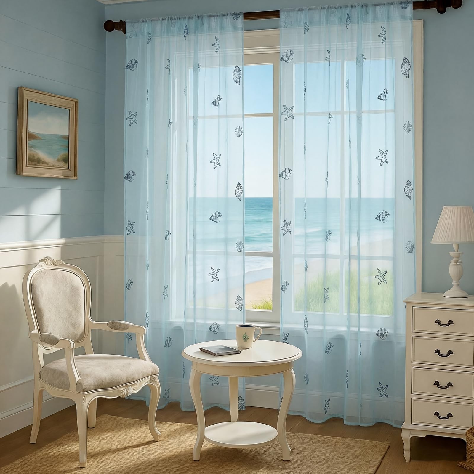 Coastal Beach Sheer Curtains 84″ Long, Embroidered Voile Window Decor for Kids’