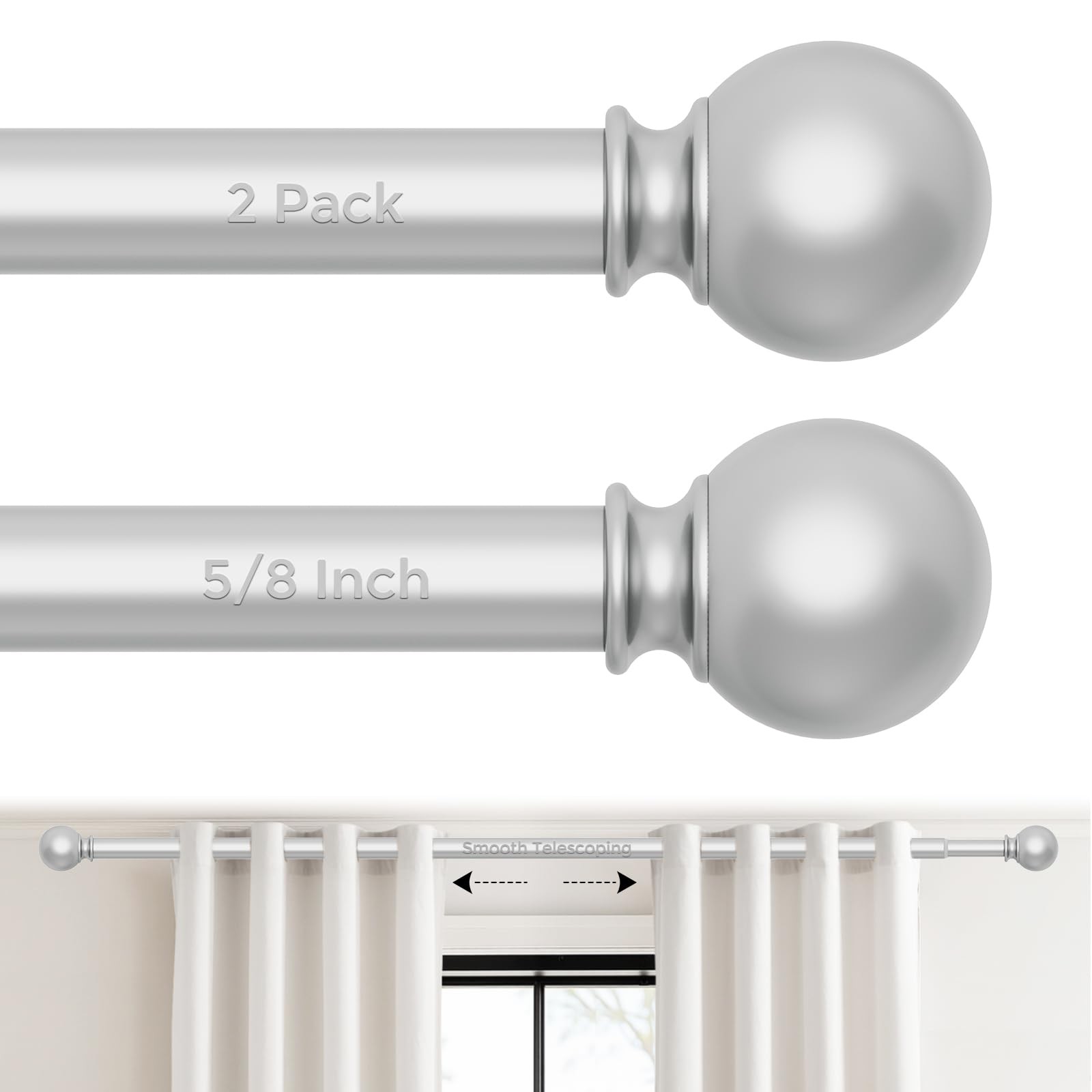 2 Pack Silver Curtain Rods 48 to 84 Inches(4-7 Feet),5/8 inch Splicing Draper…