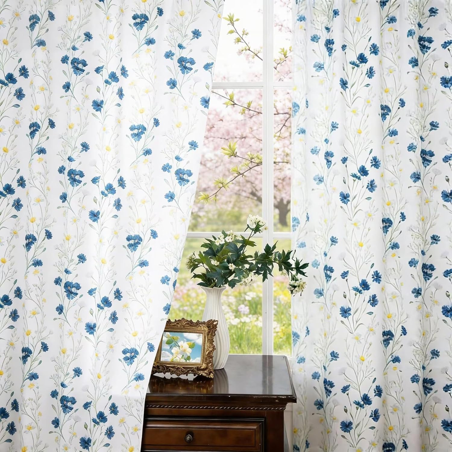 Blue White Floral Curtains 63 Inch 2 Panels Rod Pocket Light Filtering Drapes