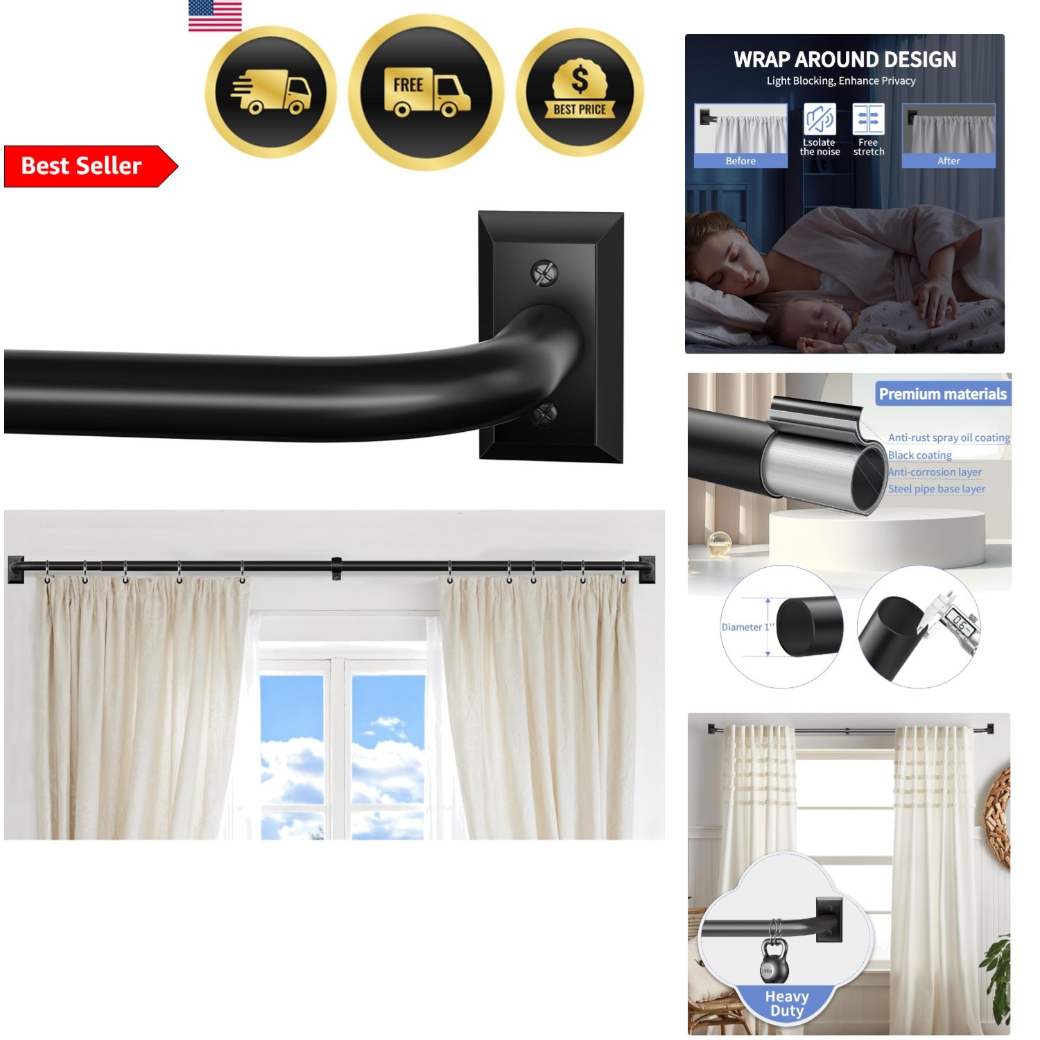 Black Curtain Rod Room Darkening Heavy Duty Modern Blackout Drapery 28-48 Inches