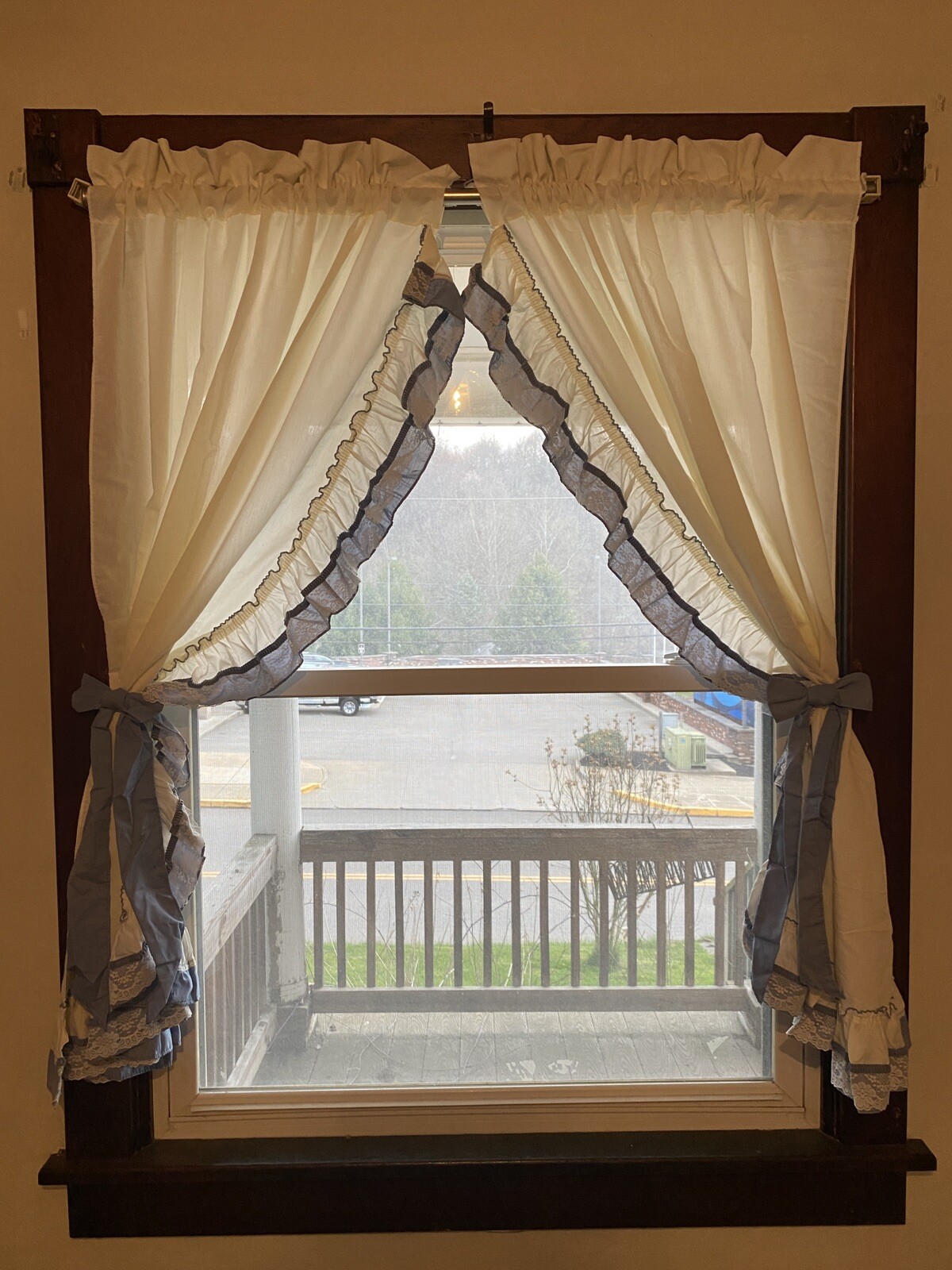 Blue & White Ruffled Curtain Panels With Blue Tie Back Bows Lace Trim