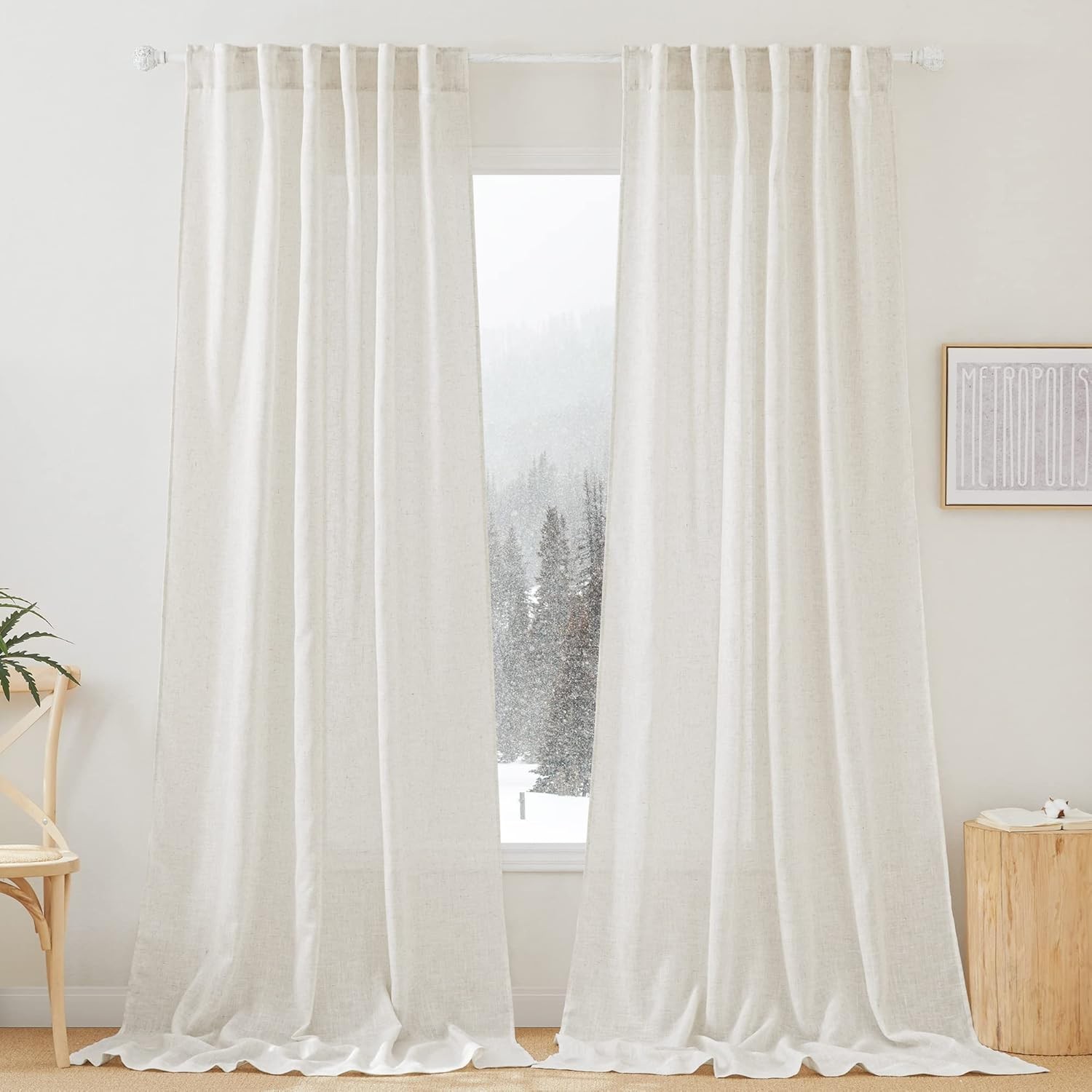 White Linen Texture Sheer Curtains Light Airy Panels for Bedroom Living Room Pat