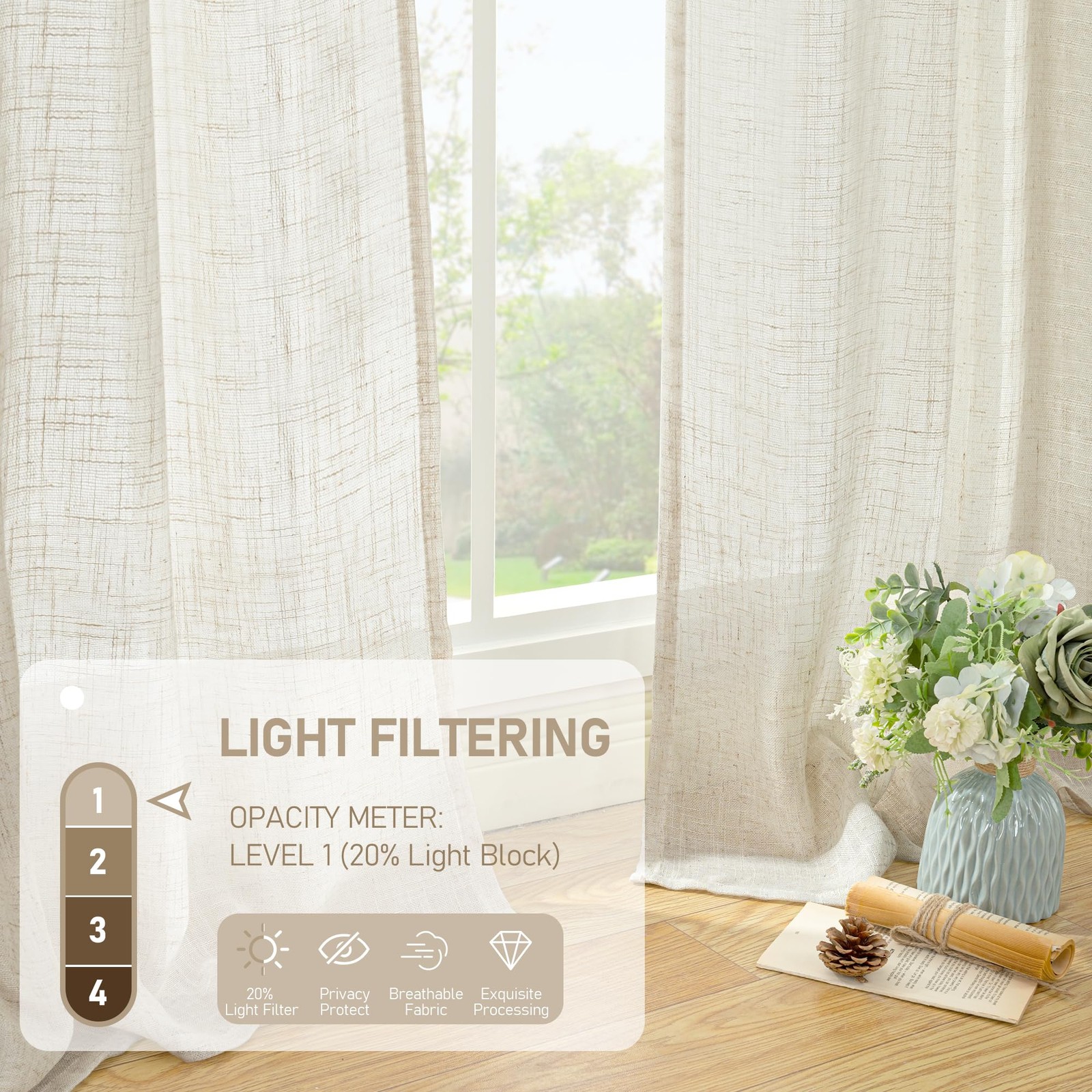 LAMIT Linen Curtains 40 Inch Length 2 Panels, Cream Ivory Semi Sheer Light Fi…