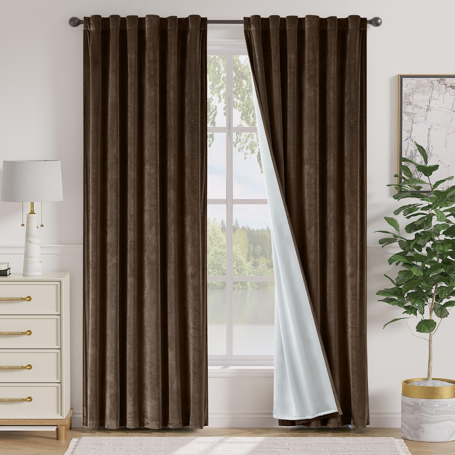 Dark Brown 84 Inch Long (52 x 84 Inch) Blackout Velvet Curtains Thermal Insul…