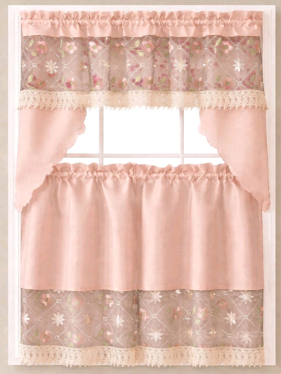 3pc Embroidery Kitchen Curtain “Blush Pink Flower” New FREE SHIPPING