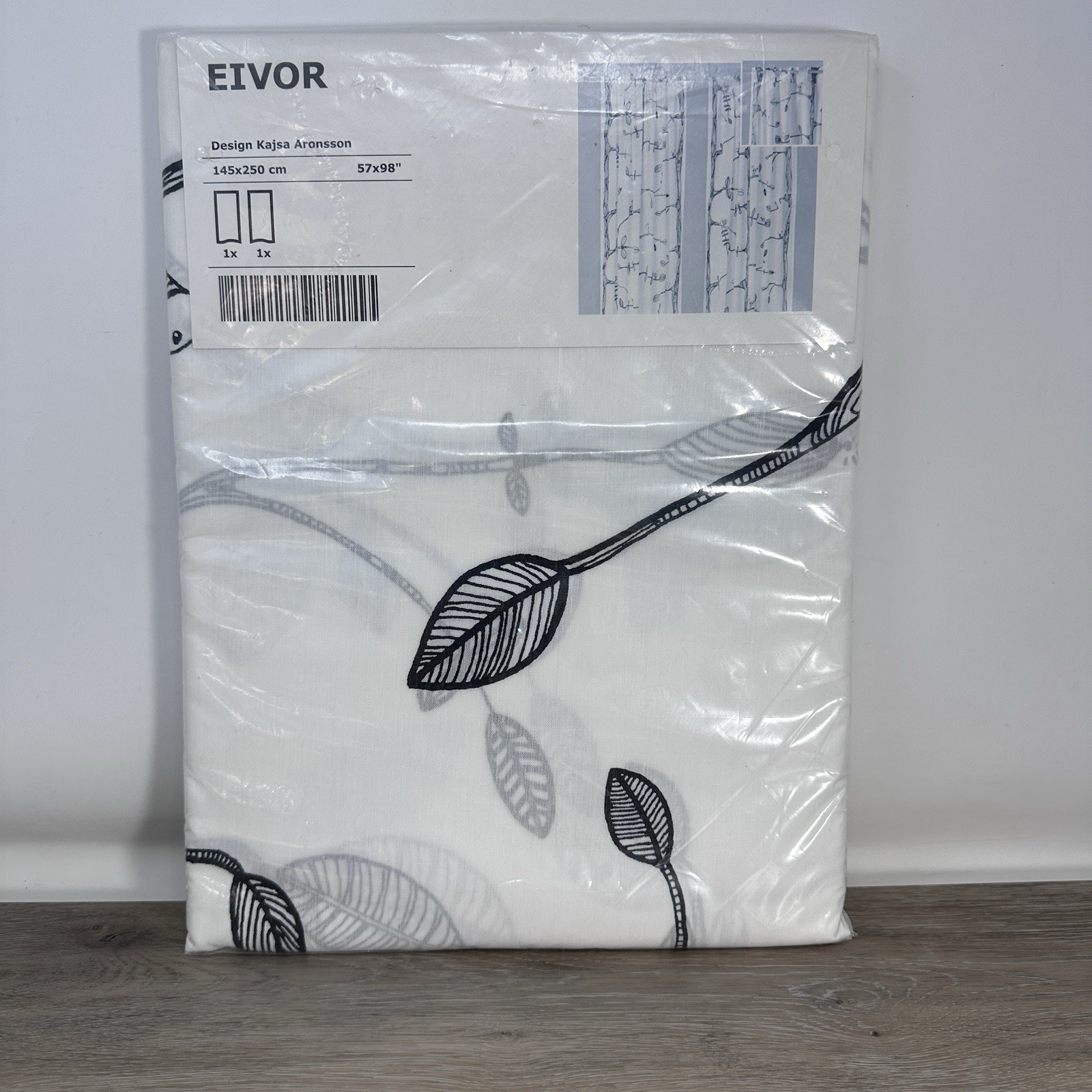IKEA Eivor 57×98 Black & White Leaf Curtain Panels 70% Polyester 30% Cotton NEW