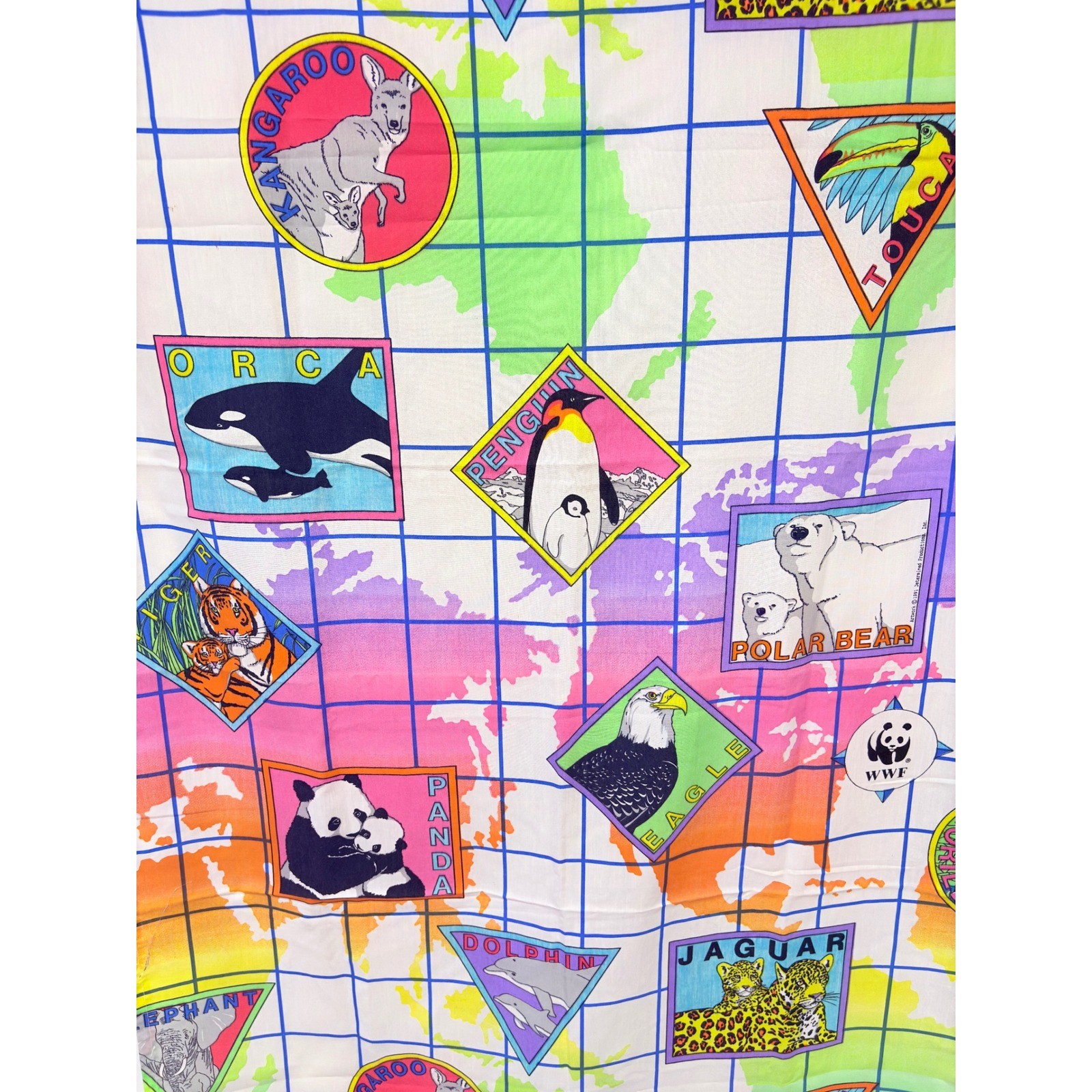 WWF Vintage 90s Rare Animal Map 4 panel Curtain Multi Color Retro Decor Wildlife