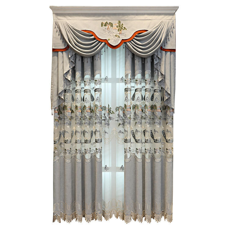 Custom Chinese landscape embroidery simple grey cloth curtain valance drape C973