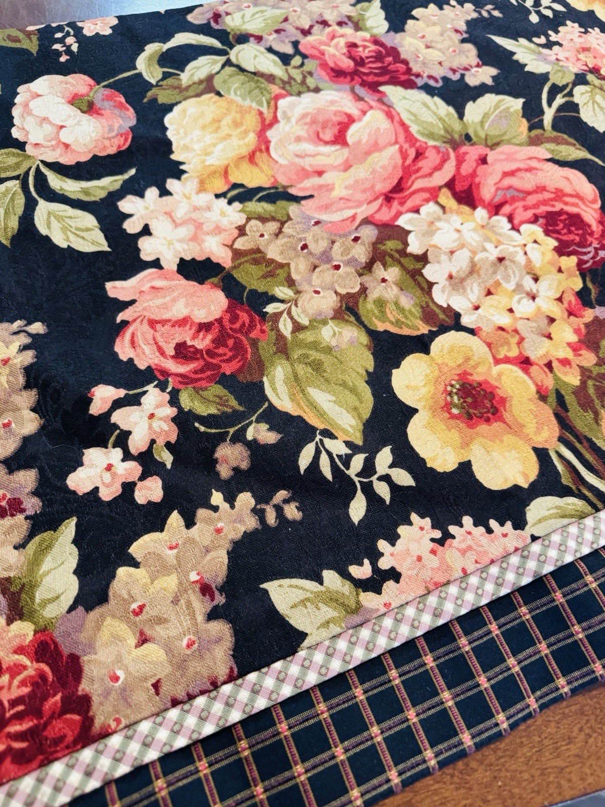 LUXURY Jacquard Brocade VALANCE Custom FLORAL on BLACK Plaid Trim 210″ x 20″