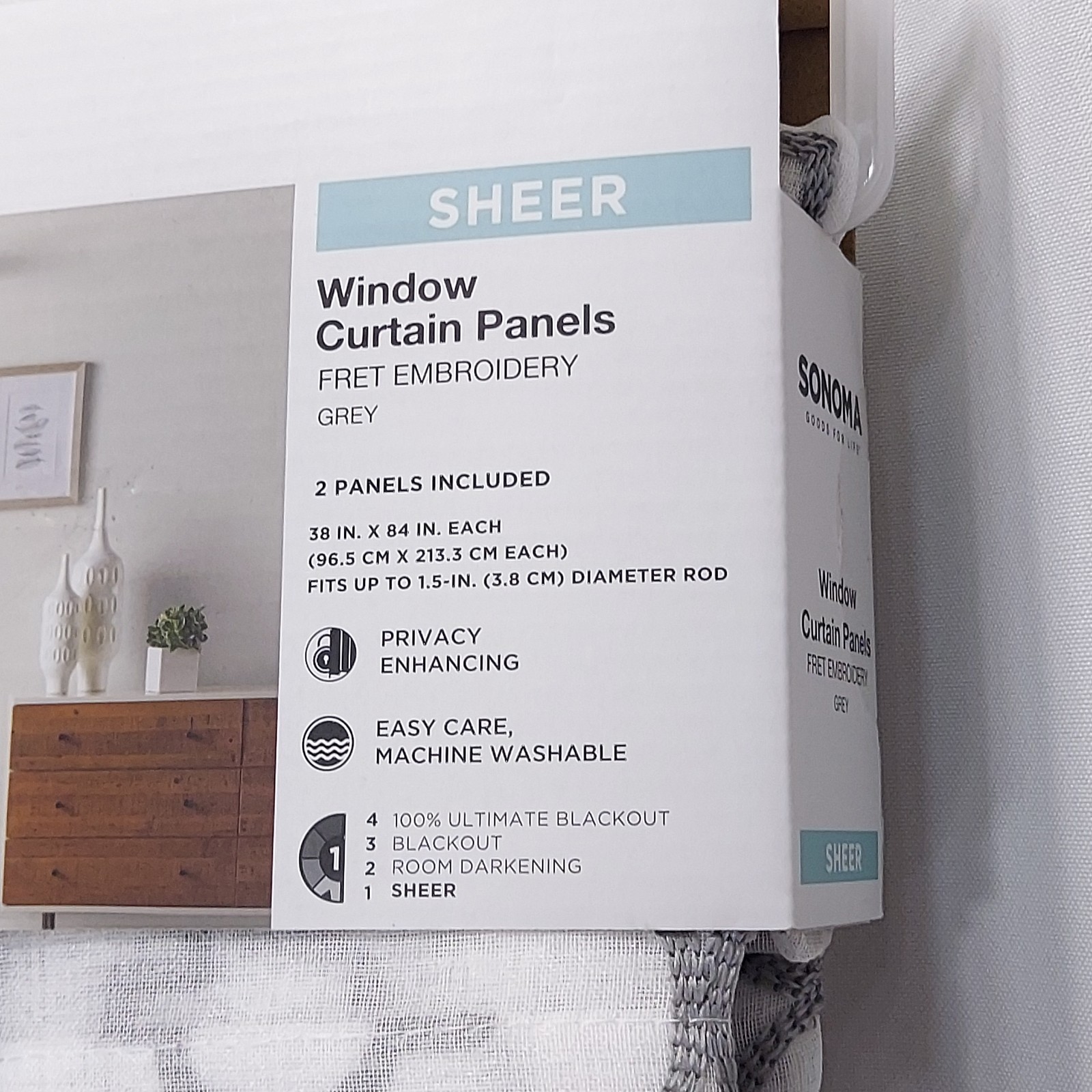 Sonoma 2 Sheer Window Curtain Panels Fret Embroidery Lattice White Grey 84″ Long
